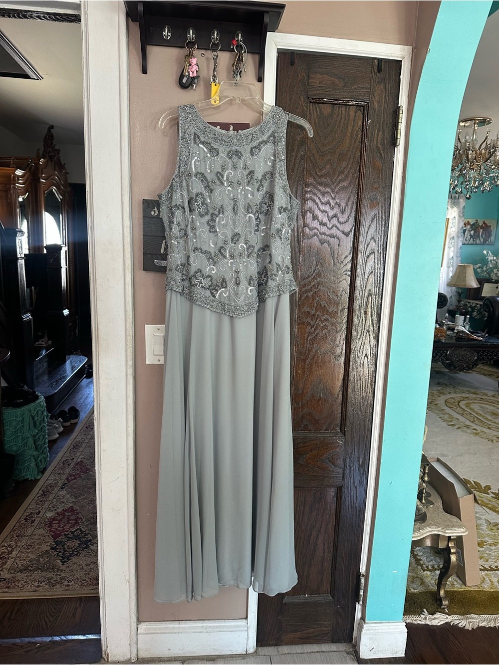 J Kara Silver Sequin Beaded Chiffon Maxi Dress